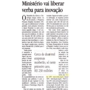 Ministério vai liberar verba para inovação – Jornal Commercio – Página 08