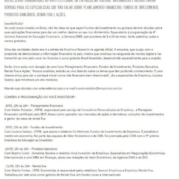Curso Brasil Investidor estará disponível na 4ª Semana Nacional de Educação Financeira – EVQV