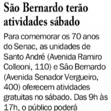 Senacs Santo André e São Bernardo terão atividades sábado – Diário do Grande ABC