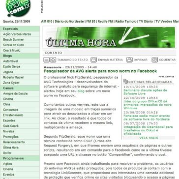 Pesquisador da AVG alerta para novo worm no Facebook – Site – Verdes Mares