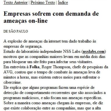 Empresas sofrem com demanda de ameaças on-line – Folha de S.Paulo