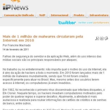 Mais de 1 milhão de malwares circularam pela Internet em 2010 – IP News