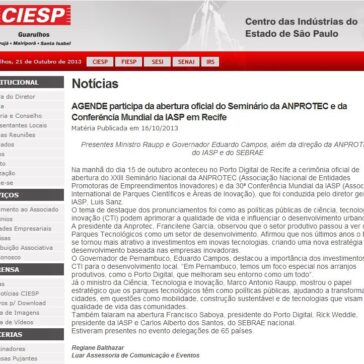 AGENDE participa da abertura oficial do Seminário da ANPROTEC e da Conferência Mundial da IASP em Recife – CIESP