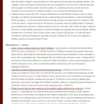 FUSÕES E AQUISIÇÕES – DESTAQUES DA SEMANA DE 22 a 28/set/14 – Fusões e Aquisições