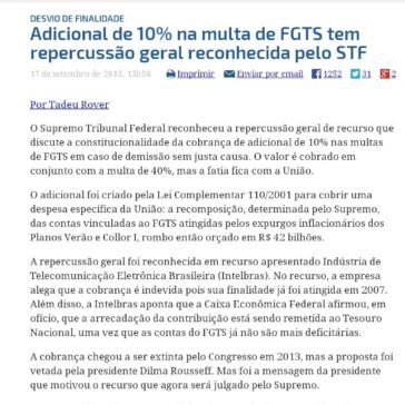 Adicional de 10% na multa de FGTS tem repercussão gera reconhecida pelo STF – Conjur