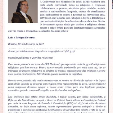 Presidência da Conferência dos Religiosos do Brasil posiciona-se contra a Reforma da Previdência – Paróquia Nossa Senhora do Rosário