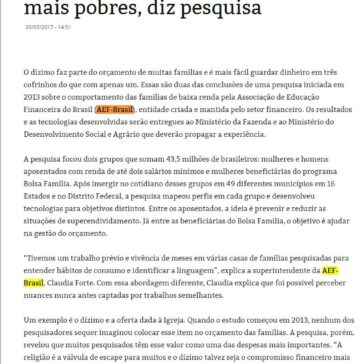 Dízimo integra orçamento dos mais pobres, diz pesquisa – Boa Informação