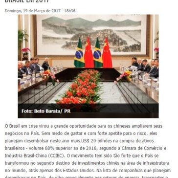 EMPRESAS CHINESAS QUEREM INVESTIR US$ 20 BILHÕES NO BRASIL EM 2017 – JR News