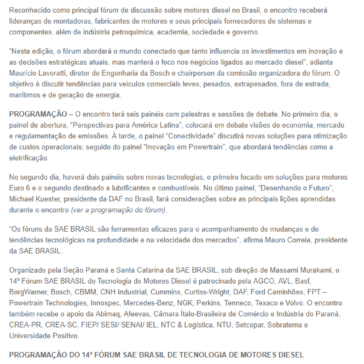 Curitiba recebe 14º Fórum SAE Brasil de Tecnologia de Motores Diesel – Automania