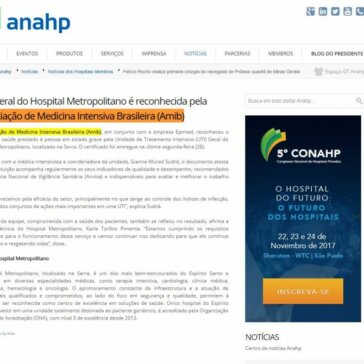 UTI Geral do Hospital Metropolitano é reconhecida pela Associação de Medicina Intensiva Brasileira (Amib) – ANAHP