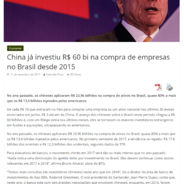 China já investiu R$ 60 bi na compra de empresas no Brasil desde 2015 – Folha do Progresso