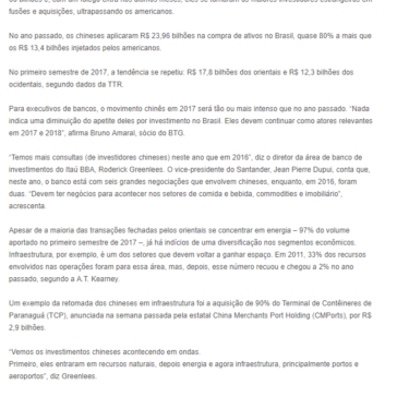 China já investiu R$ 60 bi na compra de empresas no Brasil desde 2015  -Fusões e Aquisições