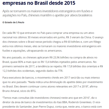 China já investiu R$ 60 bi na compra de empresas no Brasil desde 2015 – Investe São Paulo