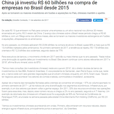 China já investiu R$ 60 bilhões na compra de empresas no Brasil desde 2015 – No Minuto