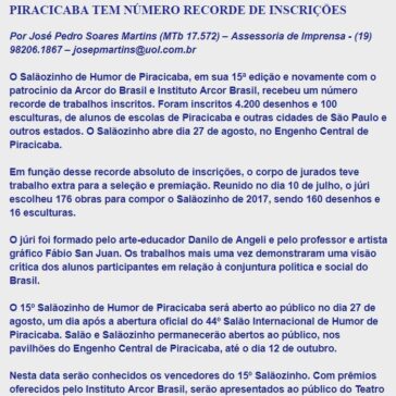 INSTITUTO ARCOR BRASIL: SALÃOZINHO DE HUMOR DE PIRACICABA TEM NÚMERO RECORDE DE INSCRIÇÕES – DIÁRIO DO RIO PRETO