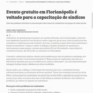 Evento gratuito em Florianópolis é voltado para a capacitação de síndicos – Nd Online