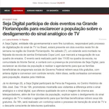Seja Digital participa de dois eventos na Grande Florianópolis para esclarecer a população sobre o desligamento do sinal analógico de TV – Informe Online/