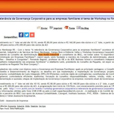 A relevância da Governança Corporativa para as empresas familiares é tema de Workshop no final de outubro na ACI – Difundir