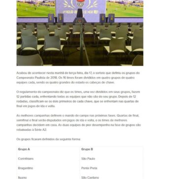 Sorteio define grupos do Paulistão 2018 – Abc da Comunicação