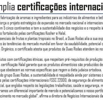 Duas Rodas amplia certificações internacionais – IT Ingredientes e Tecnologias