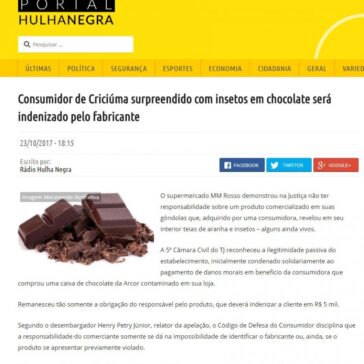 Consumidor de Criciúma surpreendido com insetos em chocolate será indenizado pelo fabricante – Hulha Negra
