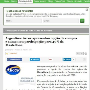 Argentina: Arcor apresentou opção de compra e aumentou participação para 40% da Mastellone – MilkPoint
