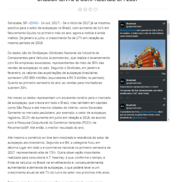 SETOR DE AUTOPEÇAS NO BRASIL MOSTRA CRESCIMENTO E SURPREENDE EM 2017 – Broadcast