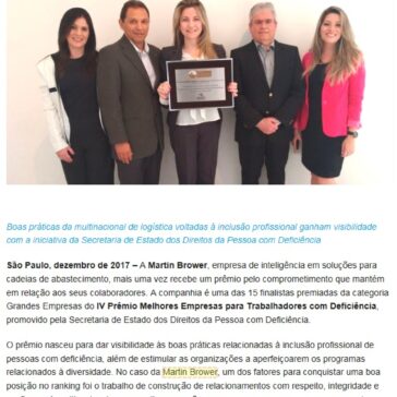 Martin Brower é destaque no IV Prêmio Melhores Empresas para Trabalhadores com Deficiência