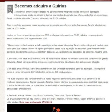 Becomex adquire a Quirius – Fusão & Aquisição