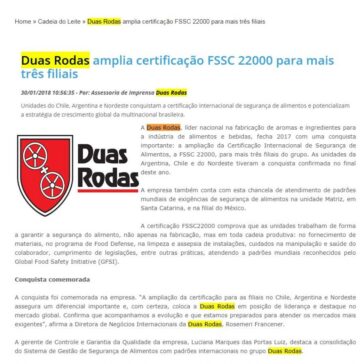 Duas Rodas amplia certificação FSSC 22000 para mais três filiais – Guialat