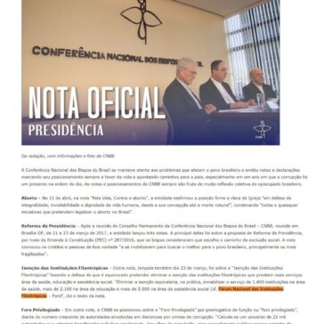 Em 2017, a CNBB marcou firme posição sobre temas importantes para o Brasil – Diocese de São Carlos