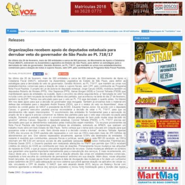 Organizações recebem apoio de deputados estaduais para derrubar veto do governador de São Paulo ao PL 718/17 – A Voz de Santa Quitéria