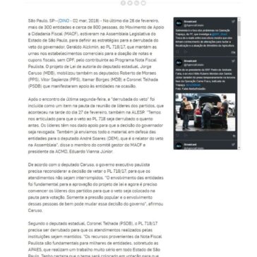 Organizações recebem apoio de deputados estaduais para derrubar veto do governador de São Paulo ao PL 718/17 – Agência Estado