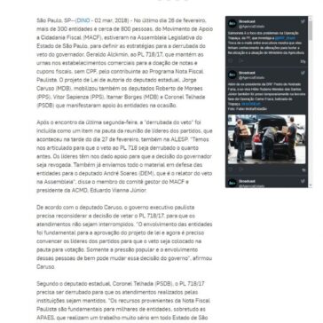 Organizações recebem apoio de deputados estaduais para derrubar veto do governador de São Paulo ao PL 718/17 – Broadcast