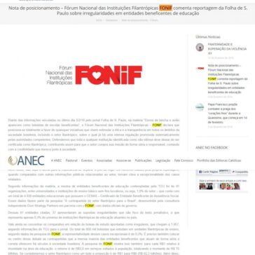 Nota de posicionamento – Fórum Nacional das Instituições Filantrópicas FONIF comenta reportagem da Folha de S. Paulo sobre irregularidades em entidades bene – ANEC