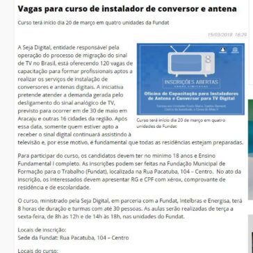Vagas para curso de instalador de conversor e antena -Infonet