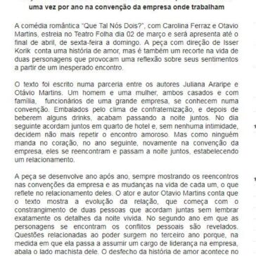Carolina Ferraz e Otavio Martins estreiam a comédia ‘Que Tal Nós Dois?’ no Teatro Folha – Jornal Cultura