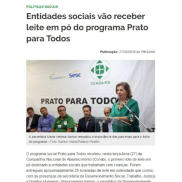 Entidades sociais vão receber leite em pó do programa Prato para Todos Governo do Estado do Rio Grande do Sul