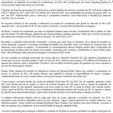Aplicações de realidade virtual elevam demanda no mercado – Valor Econômico (On-line)