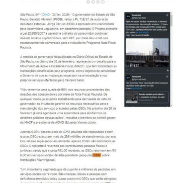 MACF se mobiliza para derrubar veto do governador de São Paulo que afeta as entidades pelo programa Nota Fiscal Paulista – Agência Estado