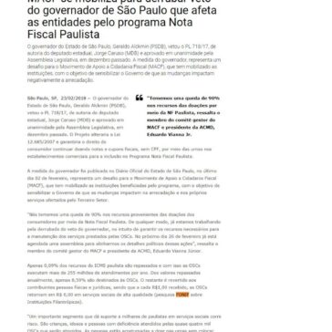 MACF se mobiliza para derrubar veto do governador de São Paulo que afeta as entidades pelo programa Nota Fiscal Paulista – F5