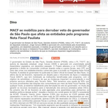 MACF se mobiliza para derrubar veto do governador de São Paulo que afeta as entidades pelo programa Nota Fiscal Paulista – Gente Atual