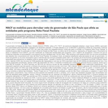 MACF se mobiliza para derrubar veto do governador de São Paulo que afeta as entidades pelo programa Nota Fiscal Paulista – MT em Destaque