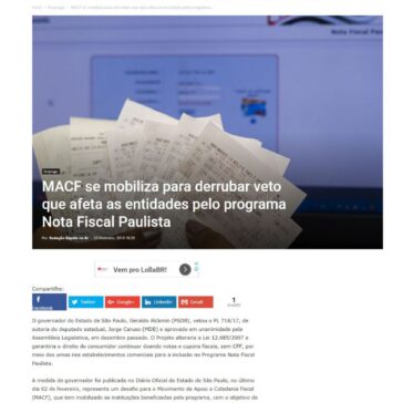 MACF se mobiliza para derrubar veto que afeta as entidades pelo programa Nota Fiscal Paulista – Rápido no Ar