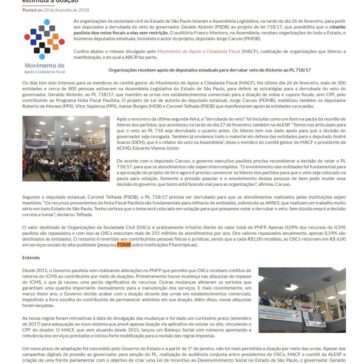 Organizações paulistas lotam a Assembleia para pedir derrubada de veto do Governador à lei que estimula a doação – ABCR