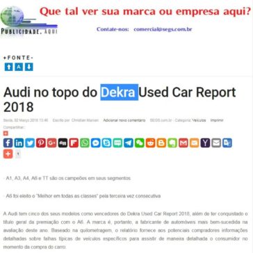 Audi no topo do Dekra Used Car Report 2018 – SEGS