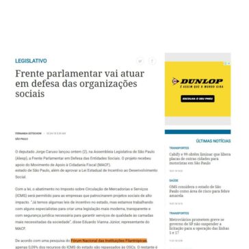 Frente parlamentar vai atuar em defesa das organizações sociais – DCI (on-line)