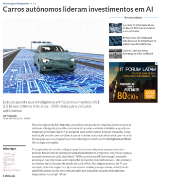 Carros autônomos lideram investimentos em AI – Computer World