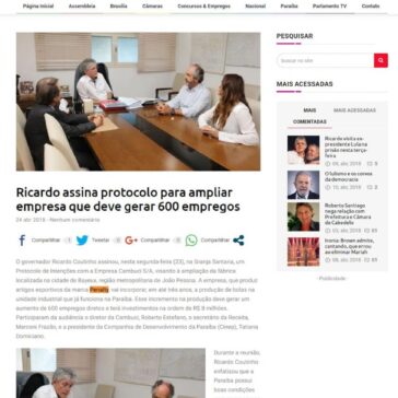 Ricardo assina protocolo para ampliar empresa que deve gerar 600 empregos – Parlamento PB – ParlamentoPB