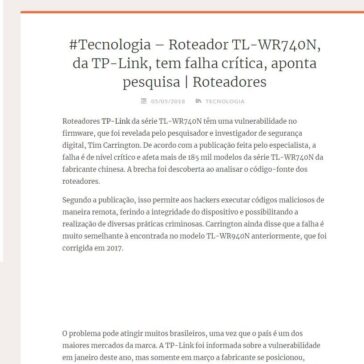 #Tecnologia – Roteador TL-WR740N, da TP-Link, tem falha crítica, aponta pesquisa | Roteadores – A Prizion